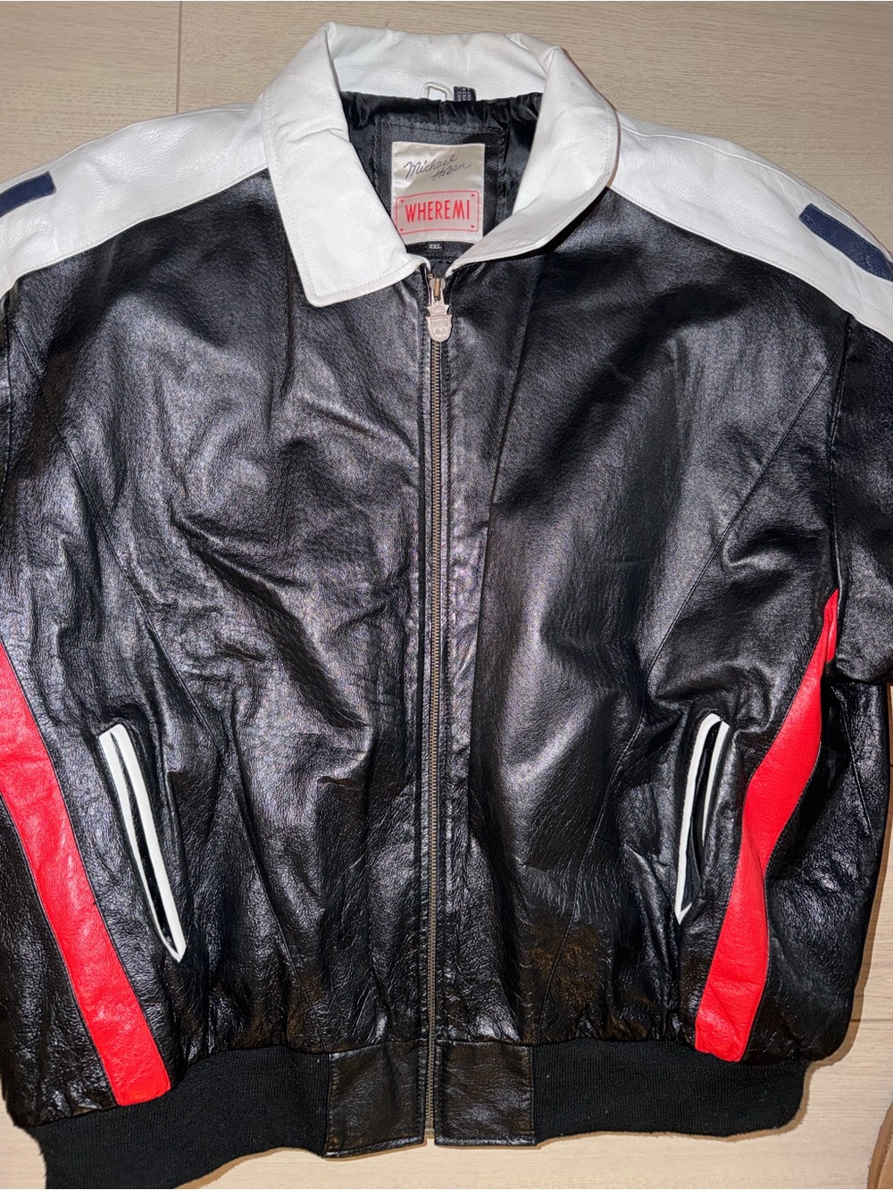Black Leather Bomber Jacket with White Collar and Red Panels